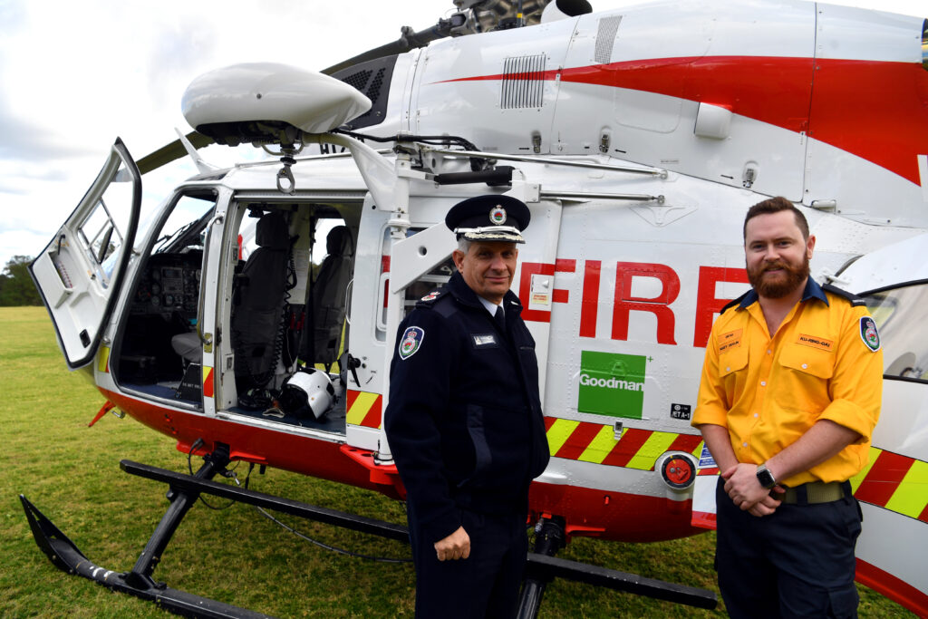 RFS Commissioner Bob Rogers and RFS officer Matt Devlin during a joint Rural Fire Service and Goodman announcement, at Glenorie in Sydney, Friday, August 21, 2020. (PR Image/Sam Mooy for Goodman) NO ARCHIVING